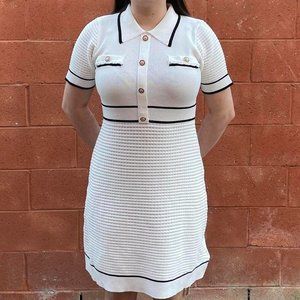 White Contrast Trim Ribbed Midi Dress